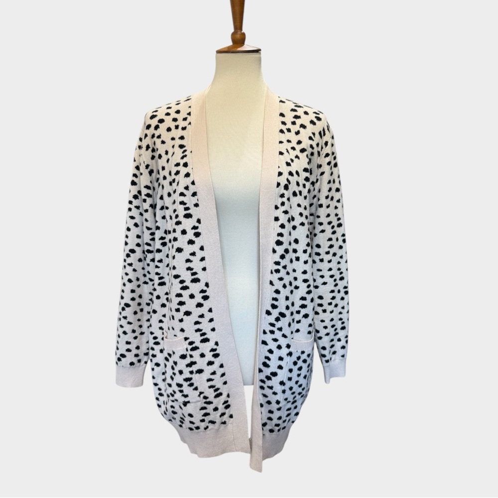 Spotted Open-Front Long Cardigan in Cream and Black #235